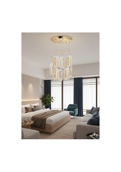 LumiaLighting Eclipse Model 8'li Gold Kumandalı 3 Renk Modu Ledli Kristal Taşlı Modern Salon Mutfak Oturma Odası Led Avize Altın