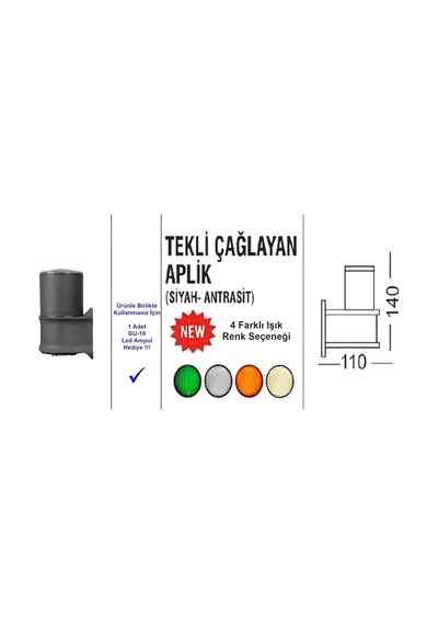 Tekli Çağlayan Aplik Ip54 Dış Mekan Zita Bahçe Aydınlatma Duvar Apliği + Gu10 Led Ampul Yeşil Çok Renkli