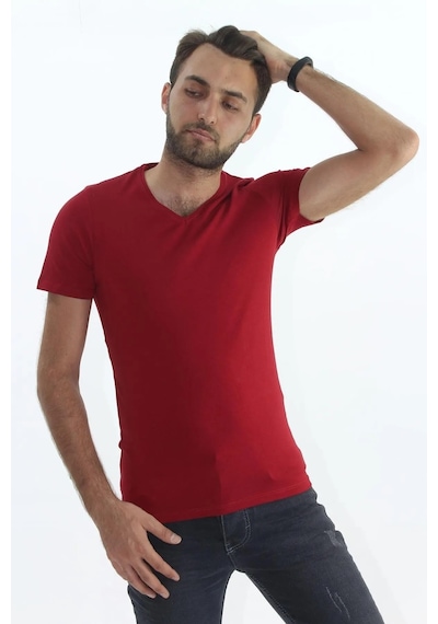 Sermoda Erkek Slim Fit V Yaka Tişört - Dar Kesim Basic Günlük T-shirt Bordo