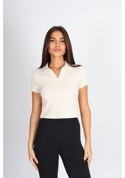 Soft&Basic Polo Yaka Jakar Crop Fit T-shirt Bej