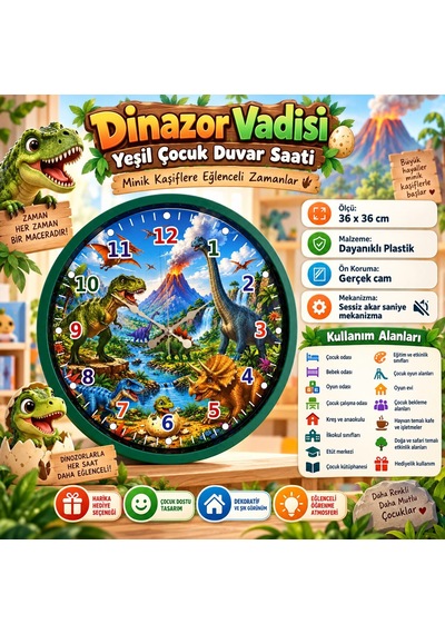 Almira Duvar Saati Dinazor Vadisi Yeşil 36 X 36 Cm Çocuk Duvar Saati