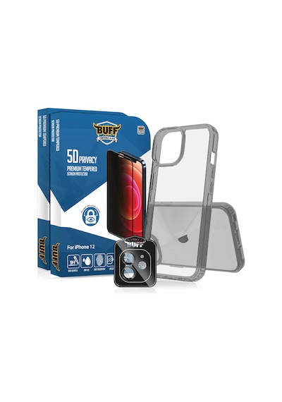 Buff Apple iPhone Uyumlu 12  Paket - 2x5d Ekran Koruyucu + Şeffaf Kılıf + Lens Koruyucu Privacy Hayalet