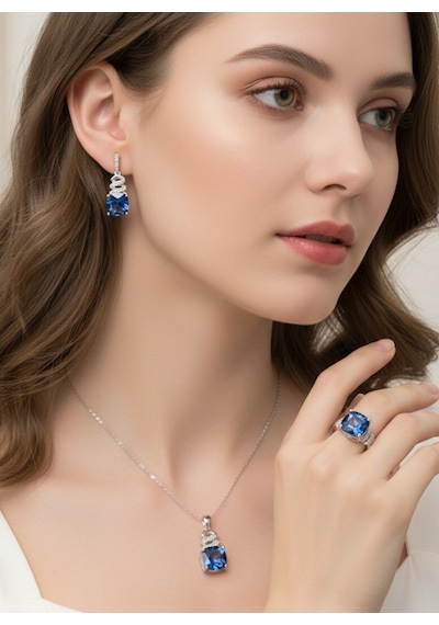 Gümüş Mavi Topaz Taşlı Kare Tasarım Kolye Küpe Yüzük Kadın Set