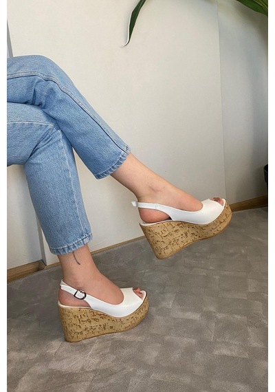 Asmi Shoes Kadın Fenni 10 Cm Dolgu Topuklu Mantar Taban Ayakkabı Beyaz