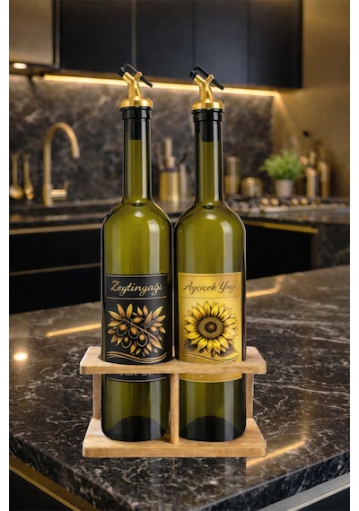 Korumalı Standlı Zeytinyağı Ve Ayçiçek Yağı Şişesi Seti, Etiketli Ve Yağdanlıklı, 750 Ml, 2 Adet Altın