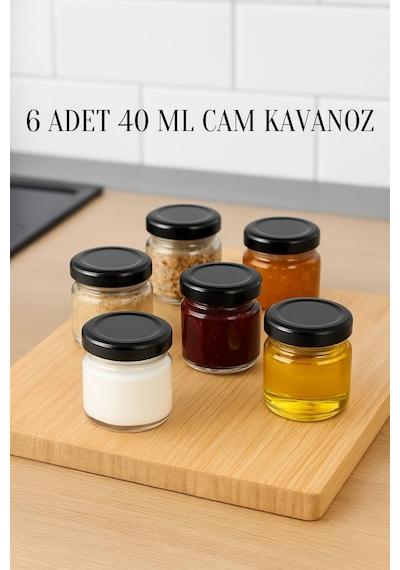 6 Adet 40 Ml Metal Kapaklı Şeffaf Numune Mama Ek Gıda Şekerleme Reçellik Küçük Cam Kavanoz Siyah