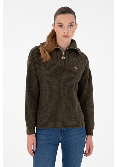 U.S. Polo Assn. Kadın Haki V Yaka Fermuarlı Kazak 50297086-VR027
