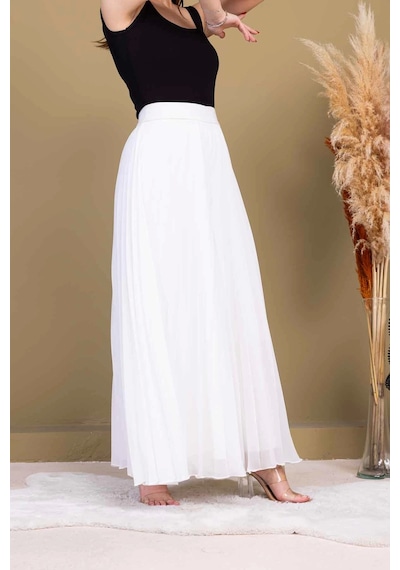 Lodmela Beli Lastikli Pliseli Şifon Pantolon 6030-beyaz Beyaz