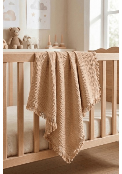 Müslin Püsküllü 4 Katlı Müslin Battaniye 90x120 Cm - Ze4katlı Bej