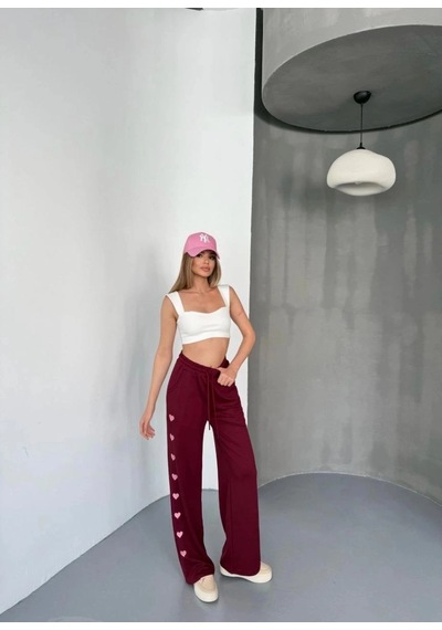 Freedom Store Kadın Osy Modal Yumuşak Dokulu Nakışlı Rahat Bol Paça Eşofman Pantolon - Bordo