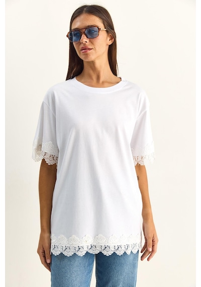 Shade Kadın Bisiklet Yaka Dantel Detaylı Oversize T-shirt 2134 60286120 - Beyaz