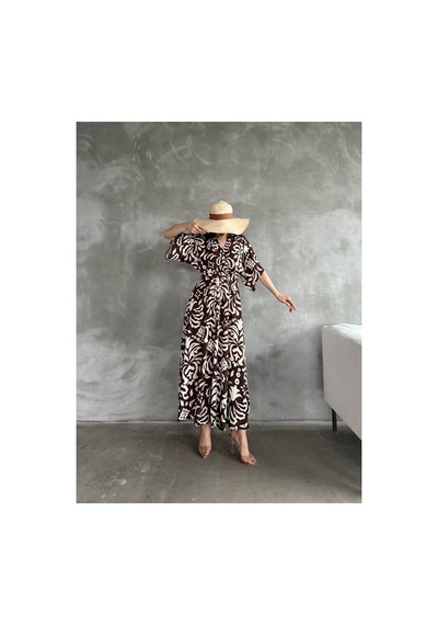 Asur Boutique Asur Butik Kadın Kruvaze Yaka Lastikli Bel Desenli Elbise Kahverengi