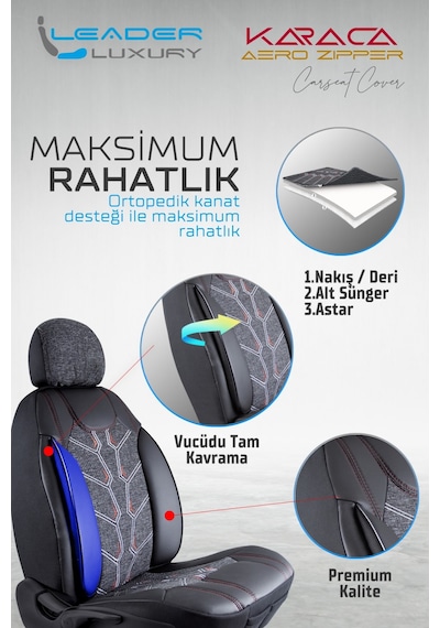 Foton Tunland G7 Uyumlu Lüx Deri Detaylı Keten Oto Koltuk Kılıfı Ön Arka Takım Karaca Siyah