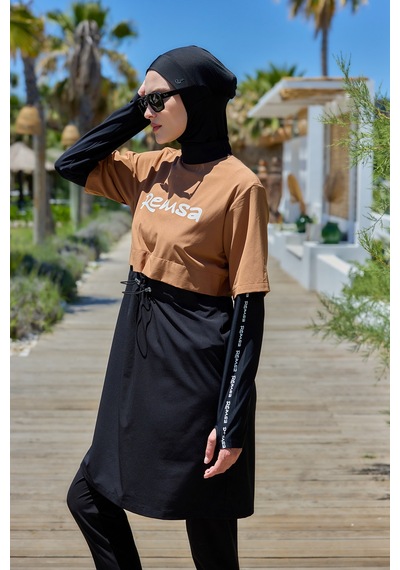 Remsa Mayo Spor Likra Logo Detay Tam Kapalı Tesettür Mayo R140 Camel