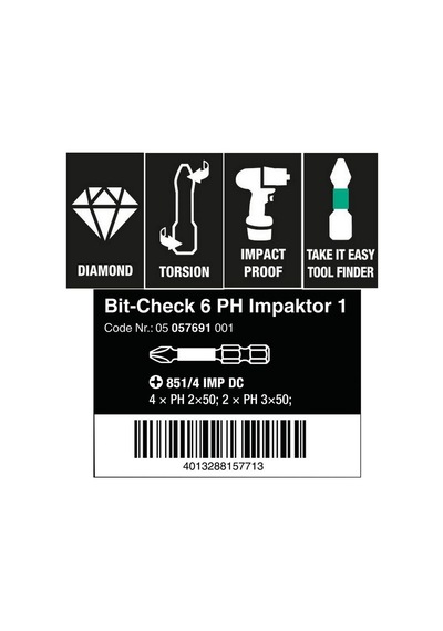 Wera Bit-Check 6 PH Impaktor 1 yıldız bits seti 05057691001