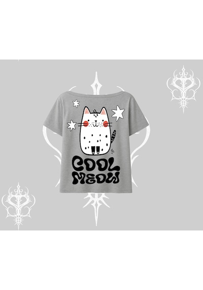 Tarzsokak Cool Meow Yazılı Sevimli Kedi Arka Baskılı Kayık Yaka Tshirt Gri