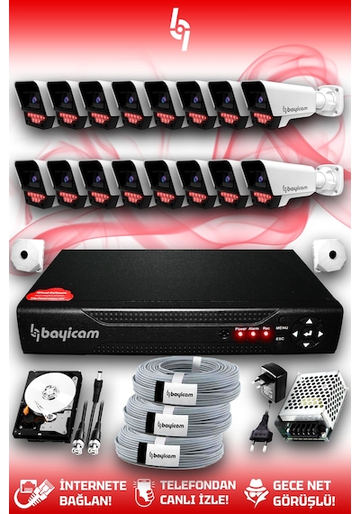Bayicam 16 Kameralı Süper 16 Dış Kamera Set 2 TB 5 MP 2K Net Gece Görüşlü Güvenlik Kamerası Sistemi