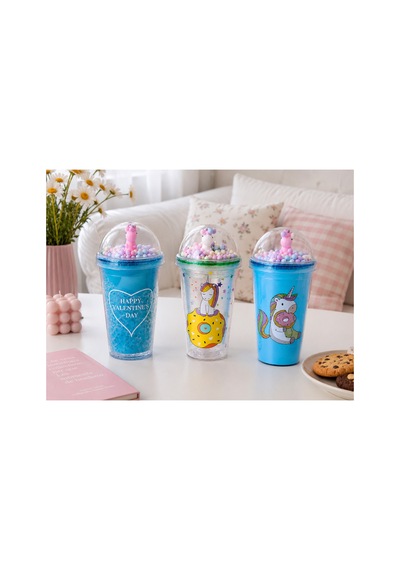 Unicorn Temalı Pipetli Bardak 450 Ml Mavi Renkli Çocuk Matara Şeffaf Kapaklı Bpa İçermez 3 Farklı Model Çok Renkli