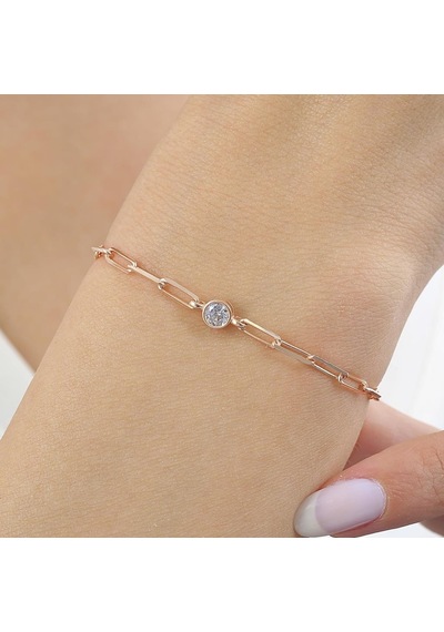 İtalyan Tasarım Ataç Zincirli Tek Işıltım Rosegold Gümüş Bileklik
