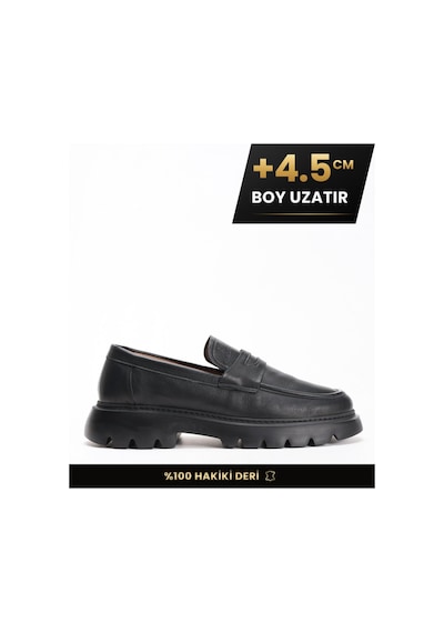 Fame Step Hakiki Deri Erkek Casual Ayakkabı +4.5 Cm Boy Uzatan Kalın Taban Günlük Bağcıksız Comfort Siyah Loafer Venedik