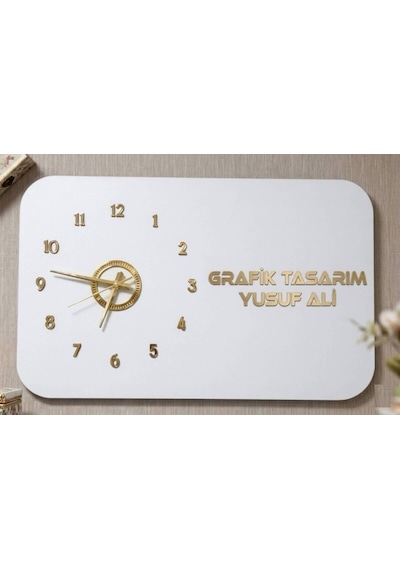 Odak Serisi: Modern Ve Kişiselleştirilebilir Ahşap Duvar Saati 80x50 Cm Beyaz Üzeri Gold Renk Altın - Beyaz