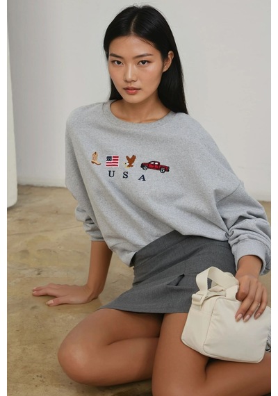 Hiccup İşlemeli Yuvarlak Yaka Sweatshirt Açık Gri