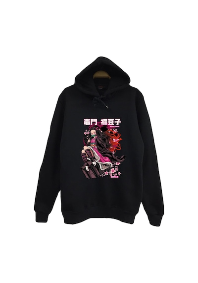 Demon Slayer Nezuko Kamado Anime Baskılı Unisex %100 Pamuk Kapüşonlu Siyah Sweatshirt Siyah
