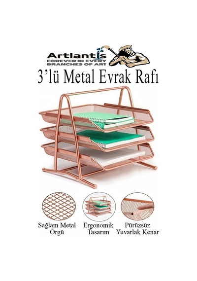 Bakır Yaldız Metal Evrak Rafı 3 Lü Masaüstü Kalemlik 3 Lü Ve Fileli Çöp Kovası 1 Paket Masaüstü A4 Dosya Düzenleyici Not Bakır