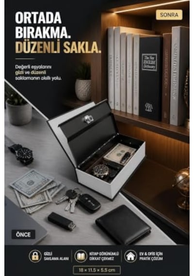 Busstier Kitap Görünümlü Gizli Kasa, Anahtarlı Kilitli Saklama Kutusu, Ev Ve Ofiste Değerli Eşyaları Düzenli Saklamak İçin, 180 X 115 X 55 Mm