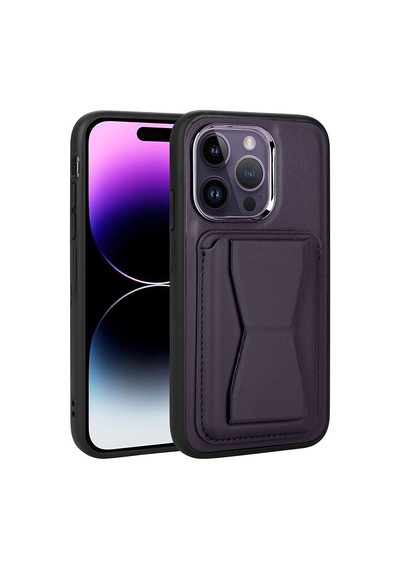 Zore İphone 14 Pro Uyumlu Kartlıklı Standlı Pu Deri Ogaa Memo Kılıf-koyu Mor