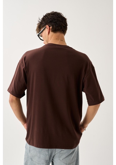 Geniş Kalıp Bisiklet Yaka Baskılı Unisex T-shirt Kahverengi