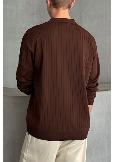 Erkek Polo Yaka Fitilli Oversize Triko Kazak Kahverengi