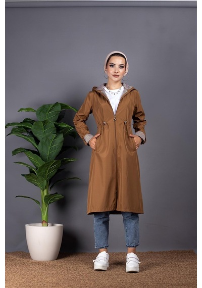 Sevitli İçi Çizgili Trençkot-kahverengi-1298-kahverengi Kahverengi