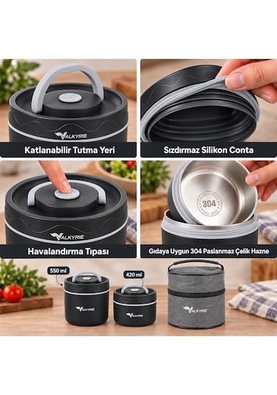 Valkyrie 2 Katlı Taraftar 304 Paslanmaz Çelik Yemek Termosu 420+550 Ml Isı Yalıtımlı Çantalı Siyah