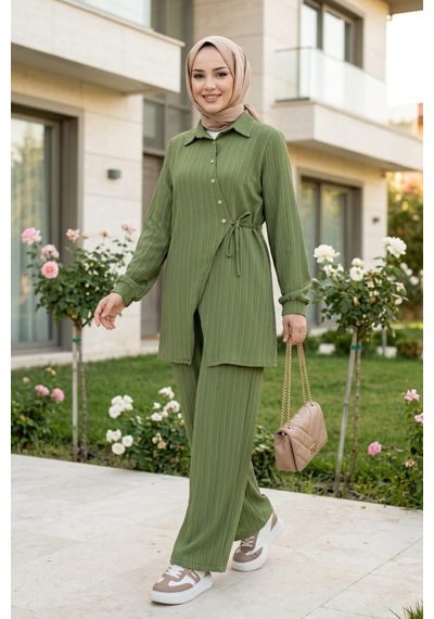 Hb Harma Time Butik Kadın Düğmeli Kuşaklı Çilek Kumaş Tunik Pantolon Haki İkili Takım