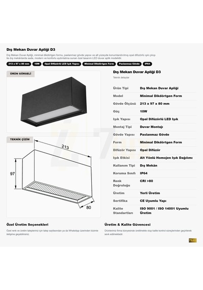 7lux Minimal Siyah Dış Mekan Led Duvar Apliği Opal Difüzörlü Ip64 2700k
