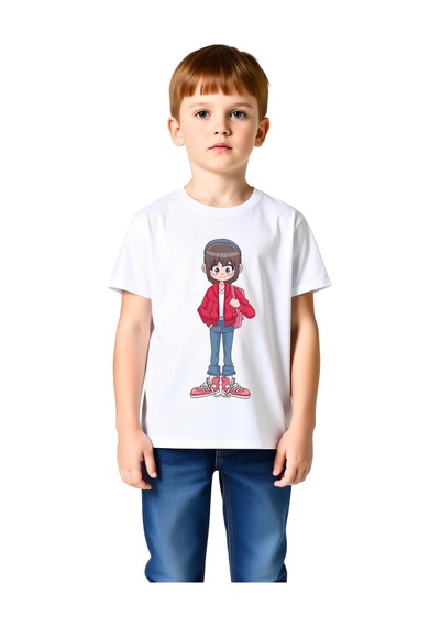 Paybuy Çocuk Anime Karakter Baskılı Tişört %100 Pamuk Kısa Kol Yuvarlak beyaz