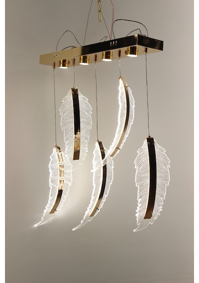 Lüks Gold Detaylı Kuş Tüyü Formlu Akrilik 5'li Sıralı Serisi Modern Led Avize