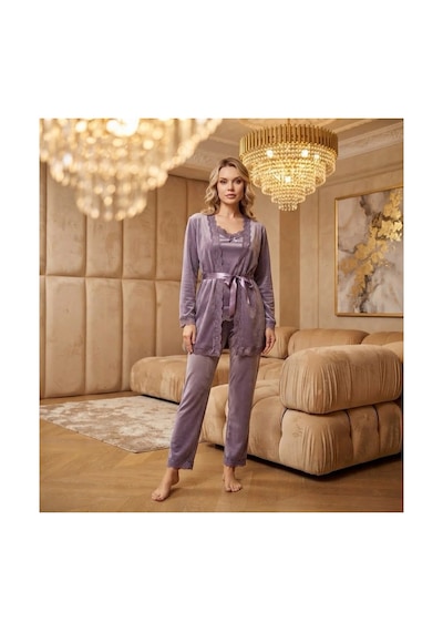 Pijamoni Kadın Fransız Kadife 3'lü Şık Askılı Lila Pijama Takımı