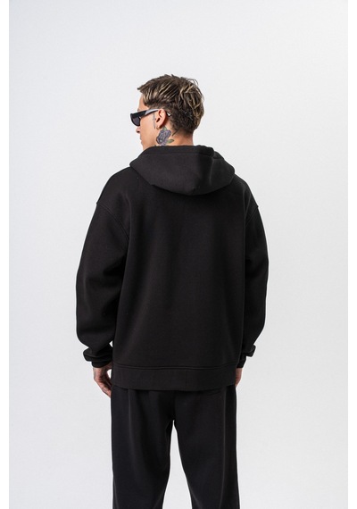 Erkek Respire Yazı Detaylı Kapüşonlu Basic Zip Oversize Hoodie Siyah