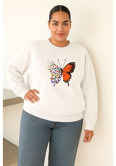 Benroma 3 İplik Penye Kelebek Baskılı Unisex Sweatshırt Beyaz