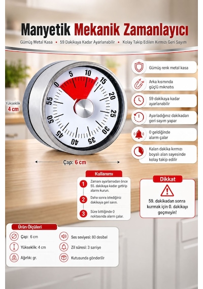 Gri Metal Mekanik Mıknatıslı Klasik Zilli Mutfak Zamanlayıcı Timer Thr395by