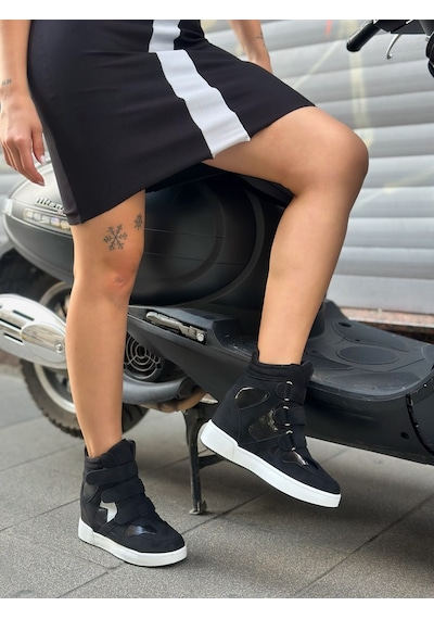 Erva'nın Butiği Siyah Süet İsabe Gizli Topuk Dolgu Topuk 7 Cm Boy Uzatan Sneakers-6446
