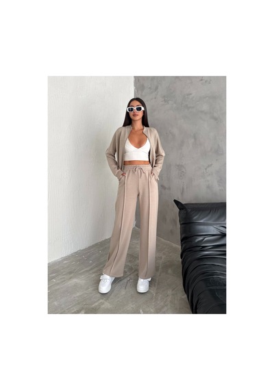 Gugus Kadın Fermuarlı Kolej Yaka Aysho Model Bol Paça Wide Leg Eşofman Takımı Bej