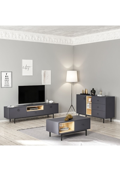 Naturel Tv Ünitesi - Orta Sehpa - Konsol 3'lü Takım Antrasit - Safir Meşe Antrasit