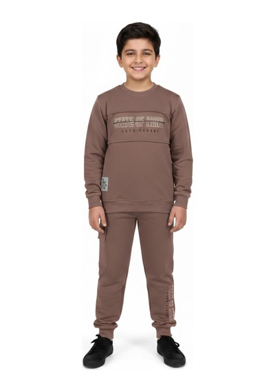 Baglan Erkek Çocuk Önü Baskılı Sweatshirt Ve Eşofman Alt Takım Bgl-st05248 Vizon