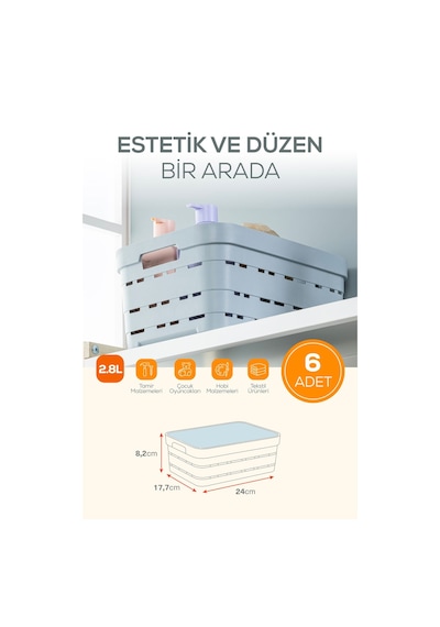 Vienev 6'lı Kapaklı 2,8 Litre Delikli Saklama Kutusu Beyaz Beyaz