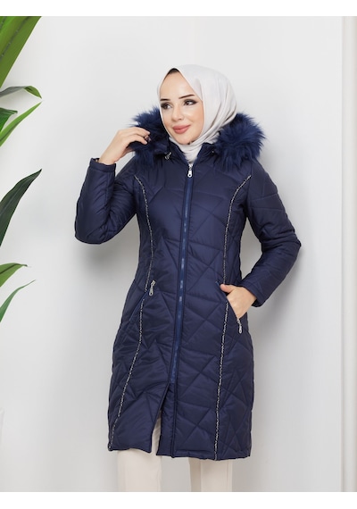 Deryam Tekstil Kapitone Uzun Mont Kürk Kapüşonlu Kaban Lacivert