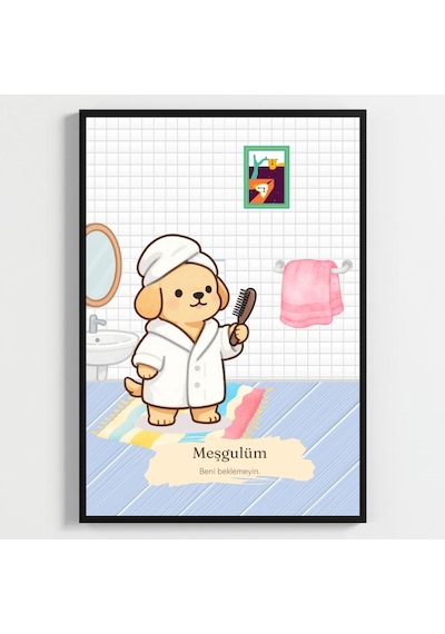 Besay Taraklı Köpek Eğlenceli Banyo Ve Tuvalet Duvar Dekorasyonu Bornozlu Ve Havlulu Komik Hayvan Poster Tablo A3 Tekli Ç