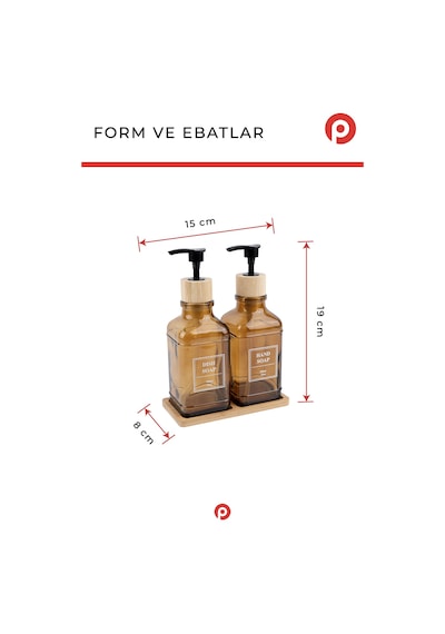 Pazarika 2 Li Amber Cam Sıvı Sabunluk Seti - Bambu Standlı & Tepsili Mutfak Banyo Seti Açık Kahverengi